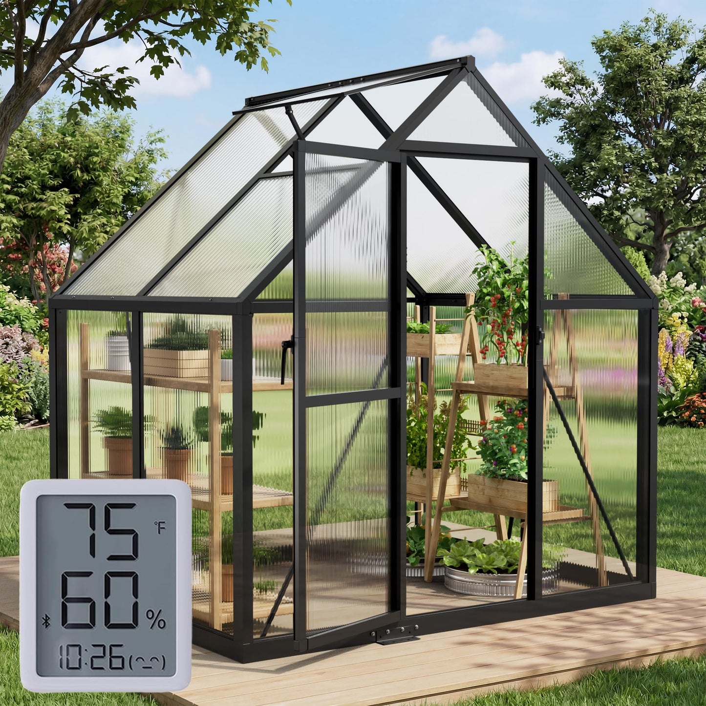 12x12 FT T-Shape Greenhouses, Polycarbonate Green House with UV Protection, Heavy Duty Greenhouse with Windproof Aluminum Frame, Roof Vent & Quick-Install Design for Backyard or Garden Use
