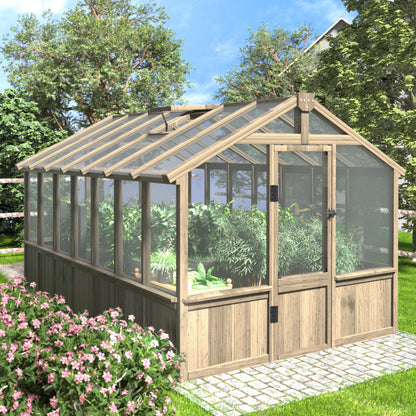 Yardenaler 8x16 FT Greenhouse for Outdoor, 6MM Thick Polycarbonate Panel Wooden Walk-in Green House with Adjustable Roof Vents and Lockable Door, Backyard Garden, Light Mocha Brown