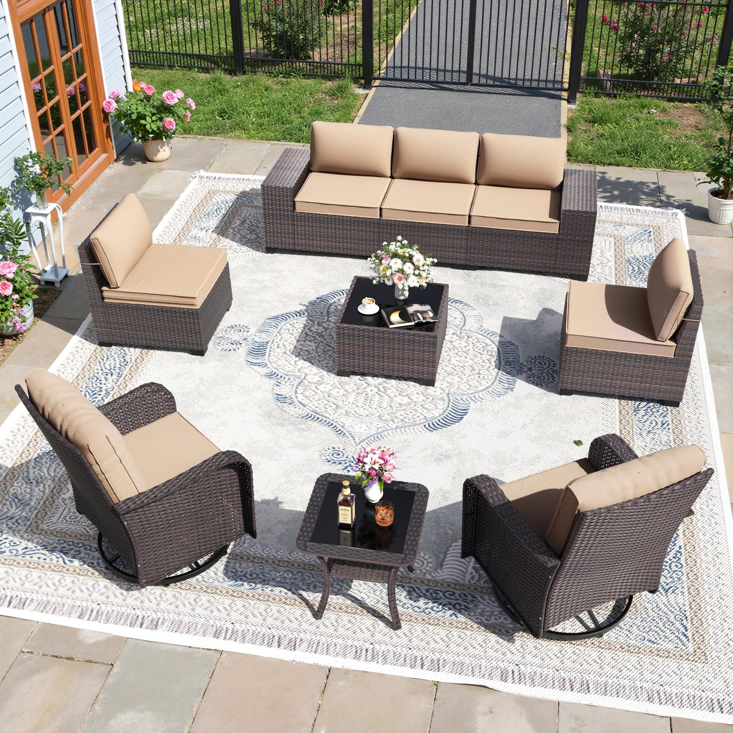 13 PCS Outdoor Patio Furniture Set,Outdoor Sectional Furniture with 43" 55000 BTU Gas Propane Fire Pit Table,All Weather PE Rattan Wicker Patio Conversation Set,Navy Blue