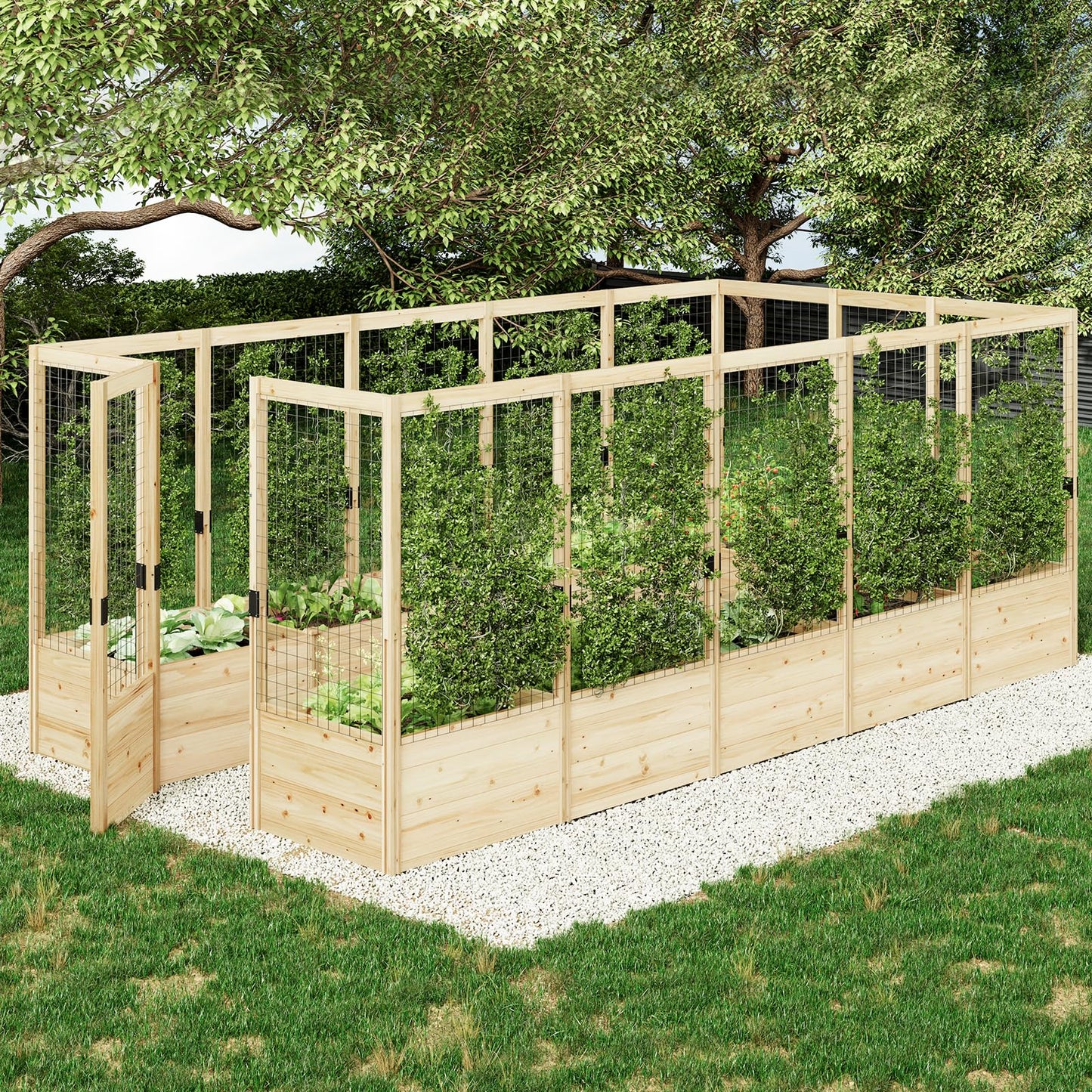 AMERLIFE Raised Garden Bed with Deer Proof Fence, 7.5Wx17Dx6H Outdoor Wooden Raised Garden Bed Planter with 19" Depth Planter Box