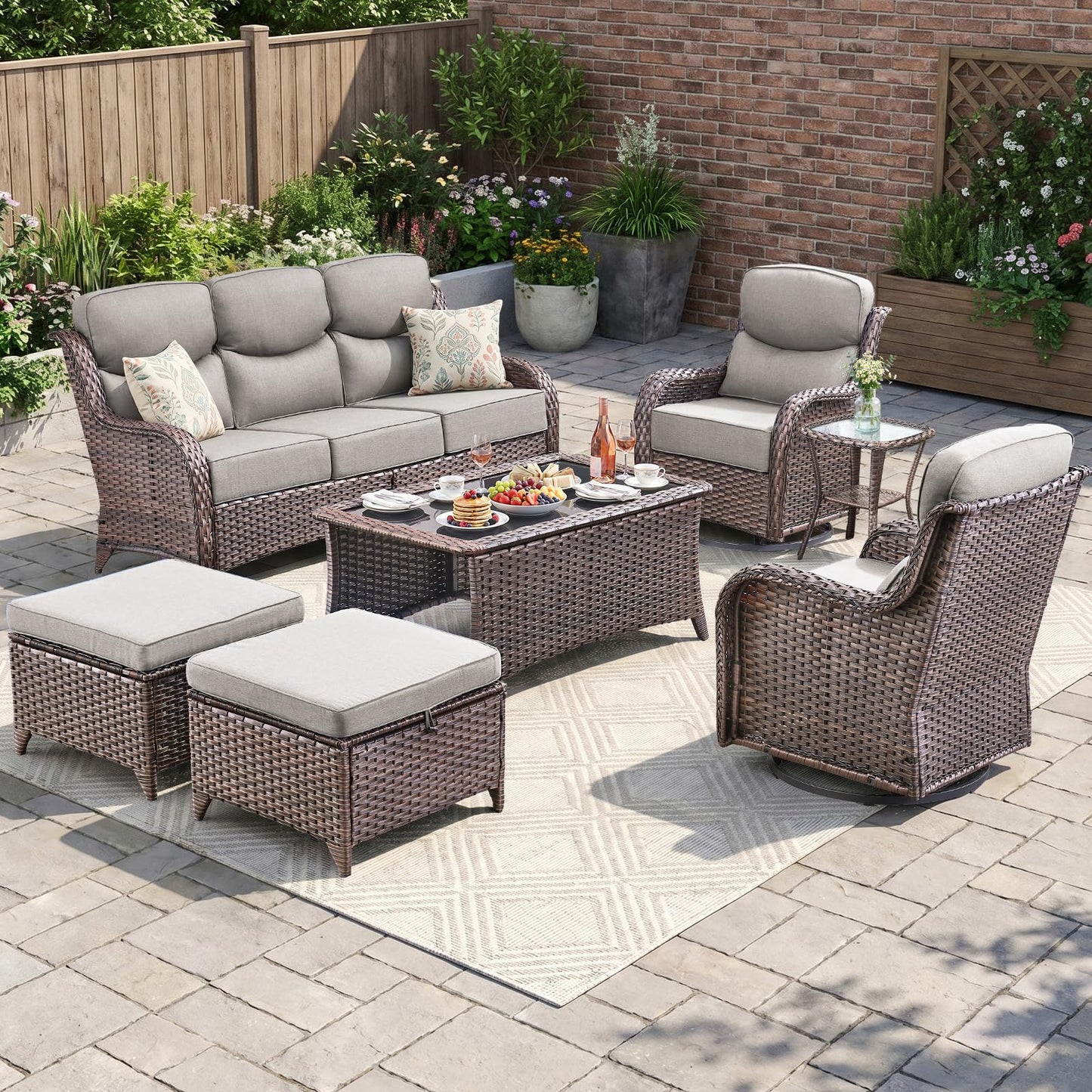 Luxury Patio Furniture Set with 6-inch Thick Cushion, Outdoor Furniture with Fire Pit Table, Swivel Chairs, Sofa, Side Table, Ottomans, 9pcs Wicker Conversation Set(Brown Wicker | Grey Cushion)