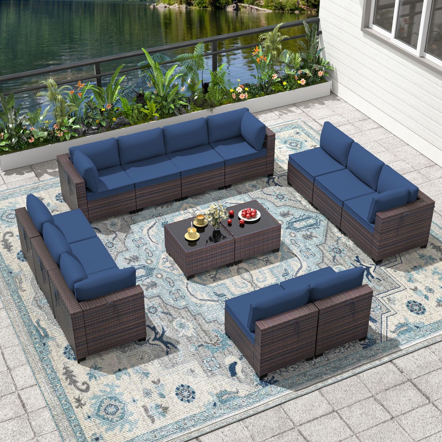 13 PCS Outdoor Patio Furniture Set,Outdoor Sectional Furniture with 43" 55000 BTU Gas Propane Fire Pit Table,All Weather PE Rattan Wicker Patio Conversation Set,Navy Blue