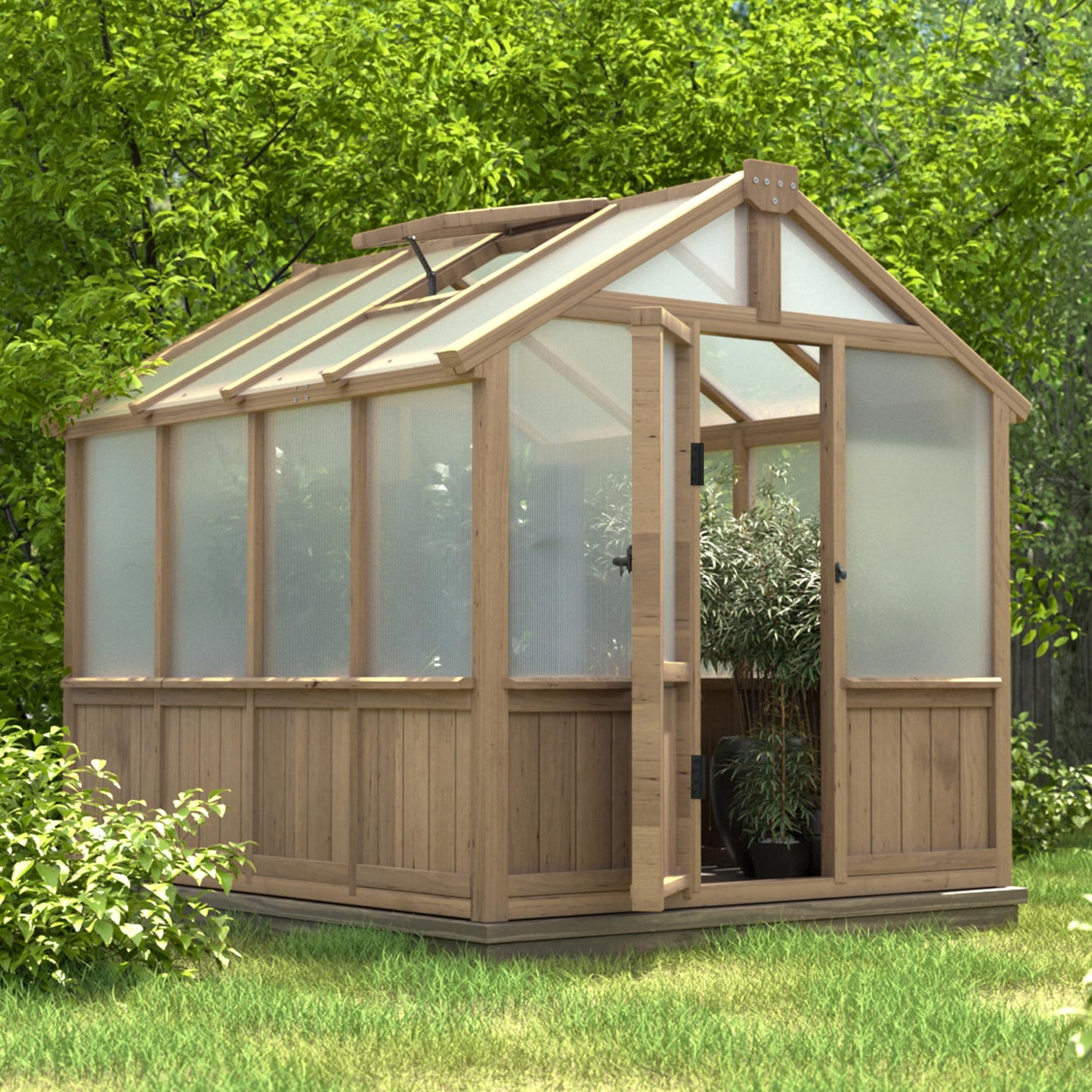Yardenaler 8x16 FT Greenhouse for Outdoor, 6MM Thick Polycarbonate Panel Wooden Walk-in Green House with Adjustable Roof Vents and Lockable Door, Backyard Garden, Light Mocha Brown