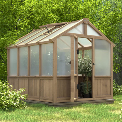Yardenaler 8x16 FT Greenhouse for Outdoor, 6MM Thick Polycarbonate Panel Wooden Walk-in Green House with Adjustable Roof Vents and Lockable Door, Backyard Garden, Light Mocha Brown