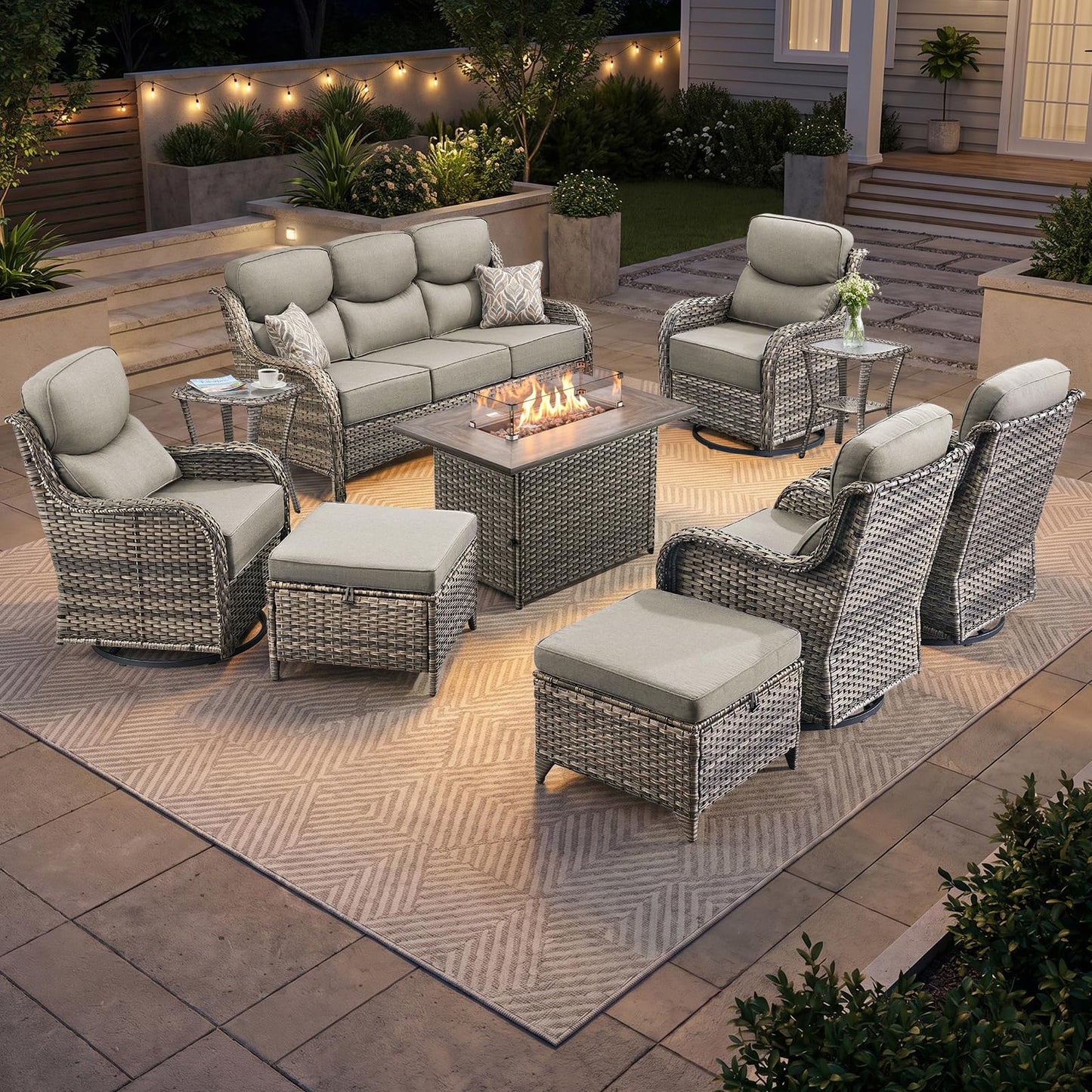 Luxury Patio Furniture Set with 6-inch Thick Cushion, Outdoor Furniture with Fire Pit Table, Swivel Chairs, Sofa, Side Table, Ottomans, 9pcs Wicker Conversation Set(Brown Wicker | Grey Cushion)