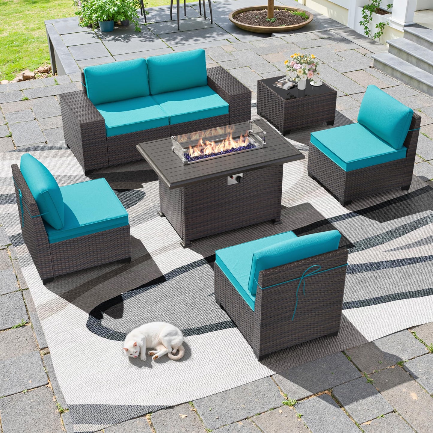 13 PCS Outdoor Patio Furniture Set,Outdoor Sectional Furniture with 43" 55000 BTU Gas Propane Fire Pit Table,All Weather PE Rattan Wicker Patio Conversation Set,Navy Blue