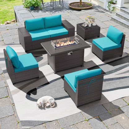 13 PCS Outdoor Patio Furniture Set,Outdoor Sectional Furniture with 43" 55000 BTU Gas Propane Fire Pit Table,All Weather PE Rattan Wicker Patio Conversation Set,Navy Blue