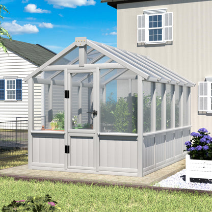 Yardenaler 8x16 FT Greenhouse for Outdoor, 6MM Thick Polycarbonate Panel Wooden Walk-in Green House with Adjustable Roof Vents and Lockable Door, Backyard Garden, Light Mocha Brown