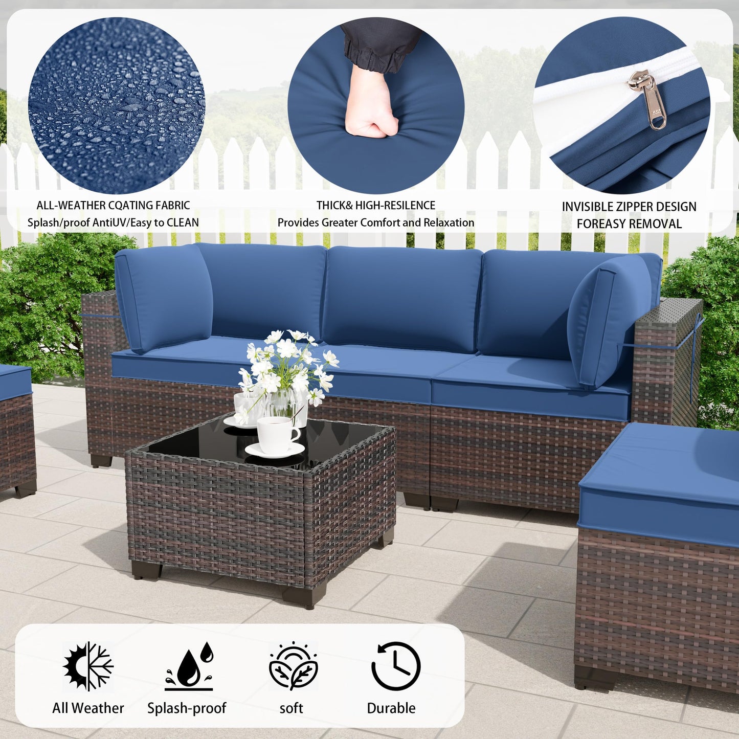 13 PCS Outdoor Patio Furniture Set,Outdoor Sectional Furniture with 43" 55000 BTU Gas Propane Fire Pit Table,All Weather PE Rattan Wicker Patio Conversation Set,Navy Blue