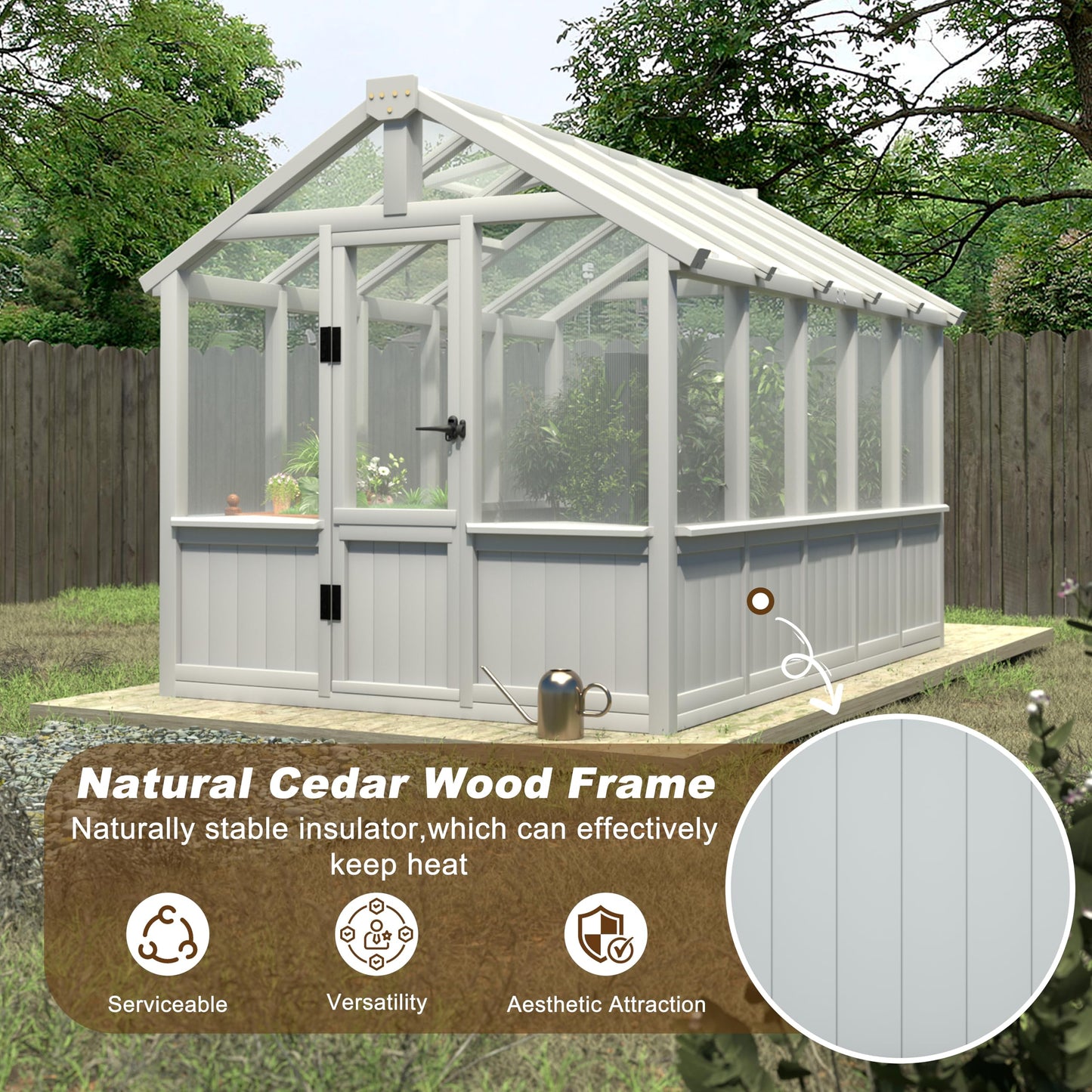 Yardenaler 8x16 FT Greenhouse for Outdoor, 6MM Thick Polycarbonate Panel Wooden Walk-in Green House with Adjustable Roof Vents and Lockable Door, Backyard Garden, Light Mocha Brown