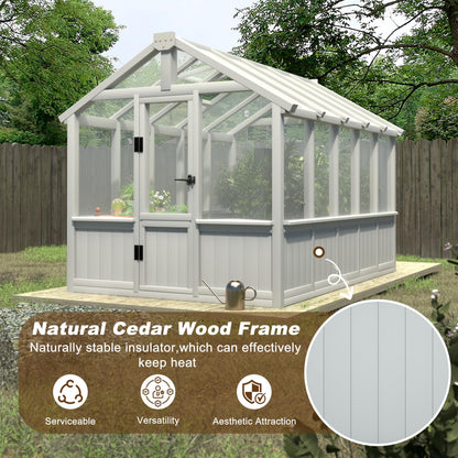 Yardenaler 8x16 FT Greenhouse for Outdoor, 6MM Thick Polycarbonate Panel Wooden Walk-in Green House with Adjustable Roof Vents and Lockable Door, Backyard Garden, Light Mocha Brown