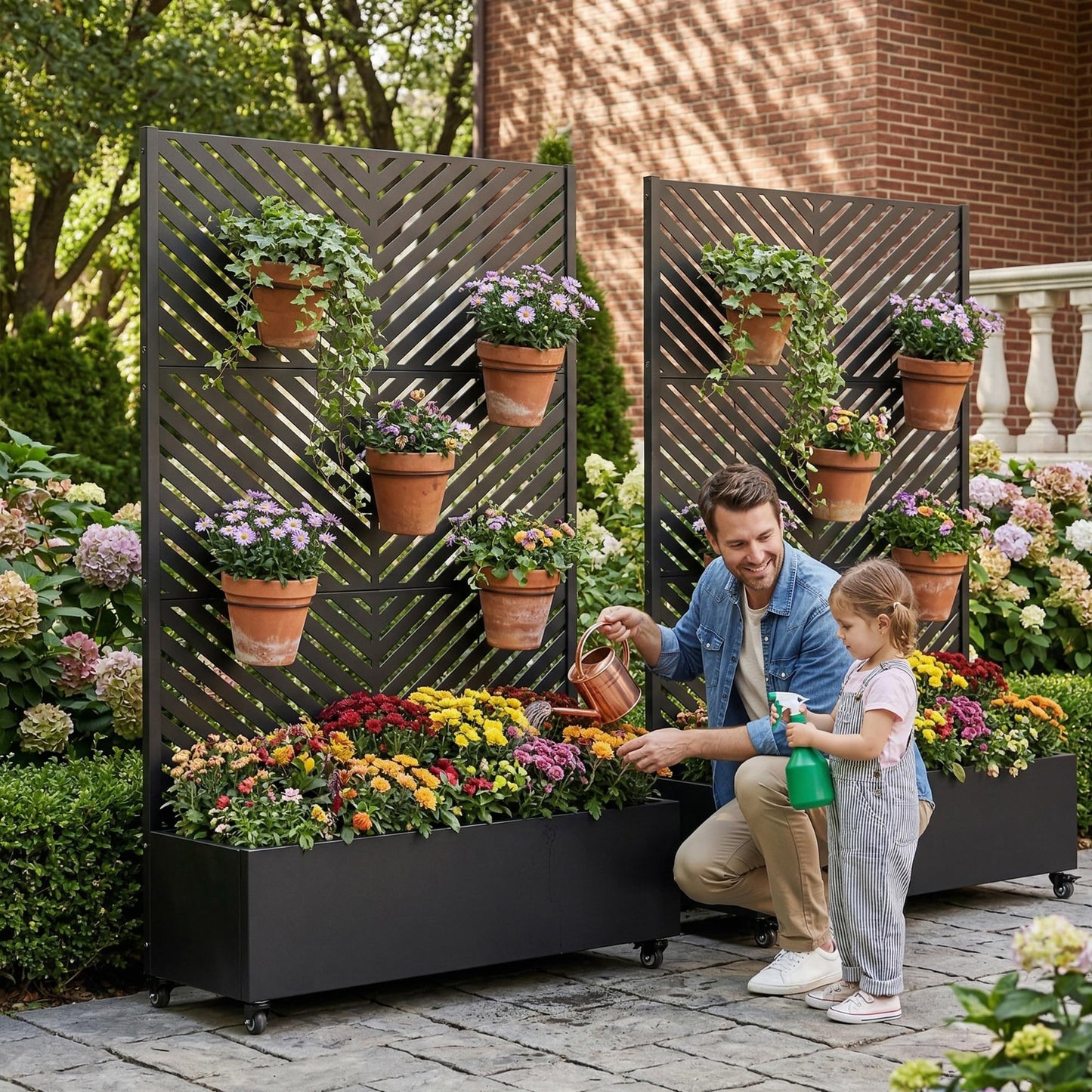 72" H Metal Raised Garden Bed with Trellis and Wheels, Privacy Screen Outdoor Planter Box with Decor Leaf Pattern, Large Mobile Vertical Planter for Patio, Balcony & Backyard