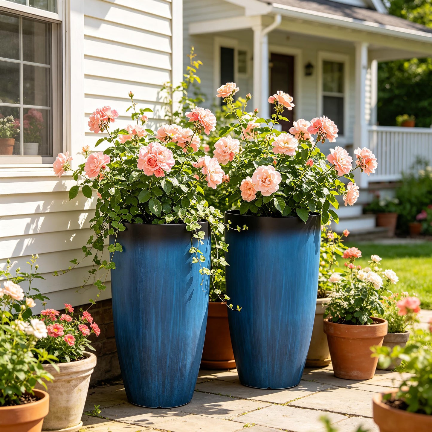 Autodaya 22" Urn Planters Outdoor Planter for Plants Set of 2 Timeless Plastic Large Flower Pot with Drainage Hole Terrazzo White Garden Pots for Porch, Patio Christmas Decor
