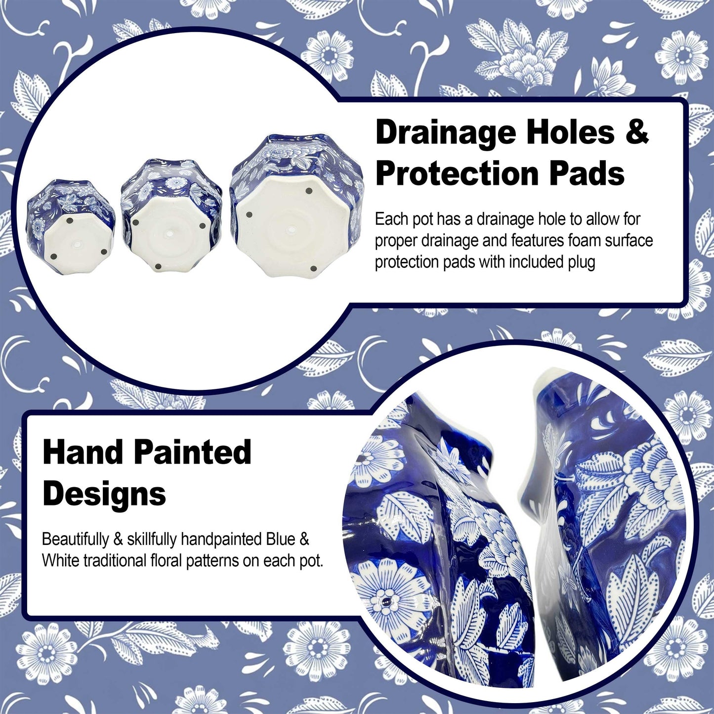 Galt International Blue & White Round Fluted Classic Floral Porcelain Ceramic Plant Flower Planter Pot Set of 3 (7.5", 10", 13") Garden Pots Chinese Asian Design
