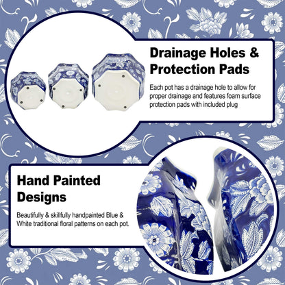 Galt International Blue & White Round Fluted Classic Floral Porcelain Ceramic Plant Flower Planter Pot Set of 3 (7.5", 10", 13") Garden Pots Chinese Asian Design