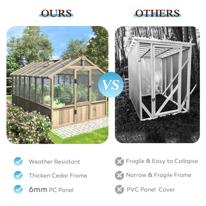 Yardenaler 8x16 FT Greenhouse for Outdoor, 6MM Thick Polycarbonate Panel Wooden Walk-in Green House with Adjustable Roof Vents and Lockable Door, Backyard Garden, Light Mocha Brown