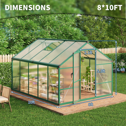 IDEALHOUSE 8×10 FT Greenhouse, Large Walk in Greenhouses for Outdoors and Garden Planting, Polycarbonate Greenhouse with Enhanced Aluminum Frame, Green Houses with Quick Setup Structure and Roof Vent